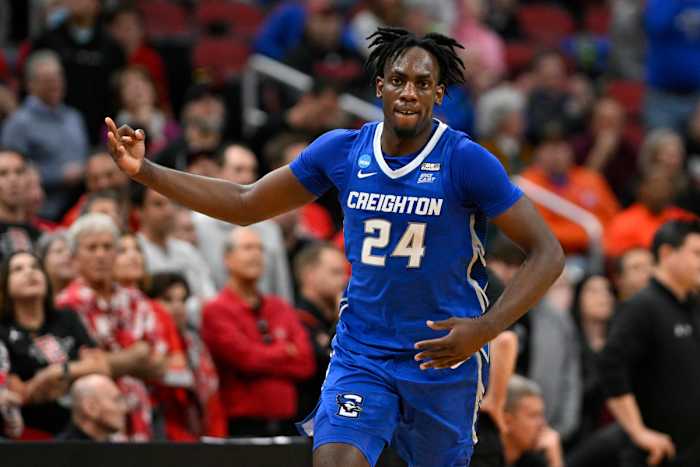 Mar 26, 2023; Louisville, KY, USA; Creighton Bluejays forward Arthur Kaluma (24) celebrates scoring a basket during the second half against the San Diego State Aztecs at the NCAA Tournament South Regional-Creighton vs San Diego State at KFC YUM! Center. Mandatory Credit: Jamie Rhodes-USA TODAY Sports